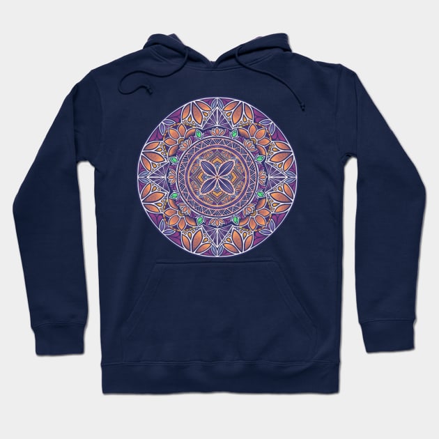 Floral Star Pacific Mandala orange & white on purple Hoodie by AprilAppleArt